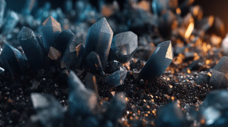 Beautiful close-up of blue crystals showcasing their intricate geometric shapes and stunning textures against a dark background. A visual delight for nature lovers.の素材
