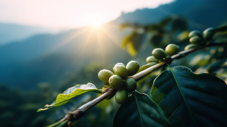 A close-up view of green coffee beans on a branch, surrounded by lush leaves, capturing the essence of nature during a soft sunrise in a beautiful landscape.の素材