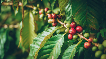 A beautiful close-up view of coffee plant showcasing vibrant red berries and lush green leaves, highlighting the journey from green fruits to ripe coffee crops.の素材