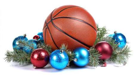 A basketball placed amid vibrant ornaments and pine branches creates a festive scene that blends sports with holiday cheer, ideal for seasonal decorations.の素材