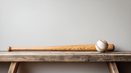 A classic wooden baseball bat rests alongside a traditional baseball on a rustic table, perfect for evoking themes of sports, leisure, and outdoor activities.の素材