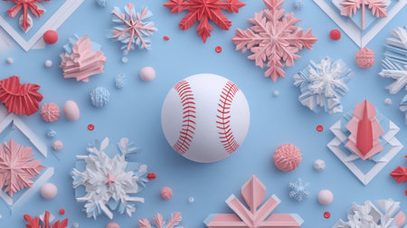 This image showcases a white baseball at the center, surrounded by colorful snowflakes and artistic paper crafts, creating a playful and whimsical seasonal atmosphere.の素材