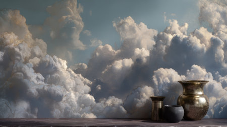 This captivating image features soft clouds against a serene blue sky, complemented by elegant decorative vases. Ideal for design and calming atmosphere projects.の素材