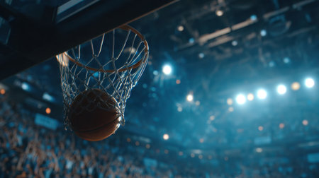 A dynamic shot of a basketball flying through the net with a cheering crowd in the background, showcasing the excitement and energy of a thrilling sports event.の素材