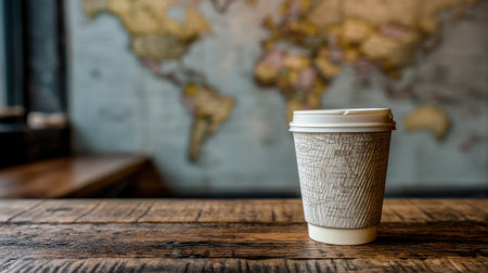 A paper coffee cup sits on a rustic wooden table, with a detailed world map in the background, creating a warm and inviting atmosphere perfect for travel lovers.の素材