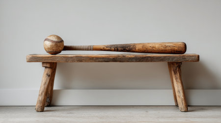 A rustic wooden bench displays a vintage baseball bat and ball, emphasizing minimalist styling and the beauty of traditional craftsmanship in home decor.の素材