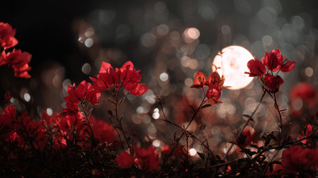Stunning display of vibrant red flowers illuminated by a glowing moon, creating a captivating nighttime atmosphere filled with shimmering light and beauty.の素材