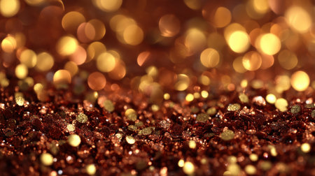 Capture the essence of sparkle with this enchanting background featuring shimmering brown and gold glitter accented by a soft bokeh effect, perfect for design projects.の素材
