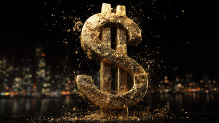 A striking golden dollar sign emerges from shimmering sparkles against a nighttime city backdrop, symbolizing wealth, prosperity, and the allure of financial success.の素材