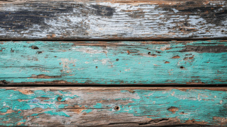 A close-up of rustic weathered wood planks featuring chipped turquoise and gray paint, ideal for backgrounds, textures, and various creative design projects.の素材