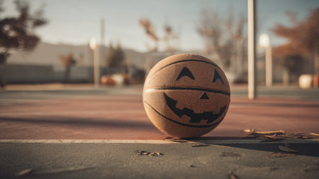 A whimsical basketball designed with a Halloween pumpkin face sits on a court, surrounded by autumn leaves, capturing the spirit of festive outdoor play.の素材