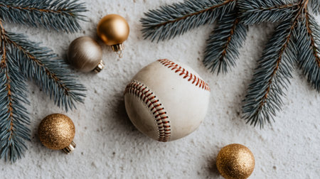 A unique composition featuring a baseball surrounded by Christmas ornaments and pine branches, representing the blend of sports and holiday cheer for festive decor ideas.の素材