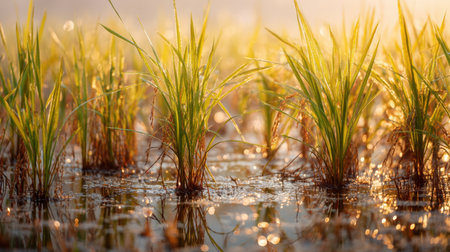 Vibrant green rice plants emerge from shimmering water, illuminated by soft sunlight, capturing the essence of agriculture and nature in a tranquil landscape scene.の素材