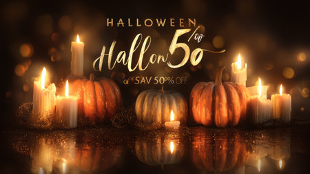 Immerse yourself in the spirit of Halloween with this vibrant display of glowing candles and pumpkins, perfect for festive celebrations and seasonal savings.の素材