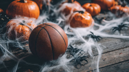 A creative arrangement featuring basketball surrounded by pumpkins and spiders in a spider web, perfect for showcasing Halloween spirit and seasonal dの素材