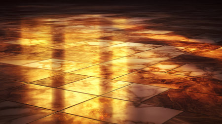A captivating image of a golden marble floor reflecting warm light, showcasing intricate patterns. Ideal for interior design and architectural inspiration.の素材