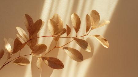 This serene and elegant image features a golden leaf branch casting soft shadows on a neutral background, perfect for enhancing spaces with nature-inspired decor.の素材