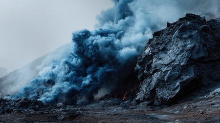 A stunning view of a volcanic eruption showcasing dark rocks and intense blue smoke. This dramatic scene captures the power of nature in a remote landscape.の素材
