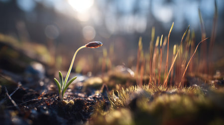 A captivating close-up of a cucumber seedling breaking through the soil, adorned with morning dew, embodying the essence of new life and natural beauty in a tranquil setting.の素材