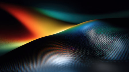 This artwork features smooth abstract wave patterns illuminated by vibrant colors on a dark background, creating a visually captivating and dynamic image for modern design projects.の素材
