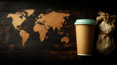 A stylish composition featuring a world map in natural tones with a craft coffee cup and a wrapped snack, perfect for travel and food lovers seeking cozy vibes.の素材
