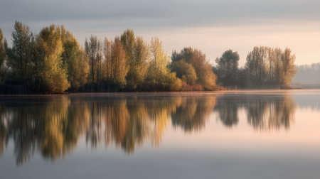 A tranquil autumn landscape showcasing colorful trees reflecting beautifully on calm water during sunrise. This serene scene captures natureの素材