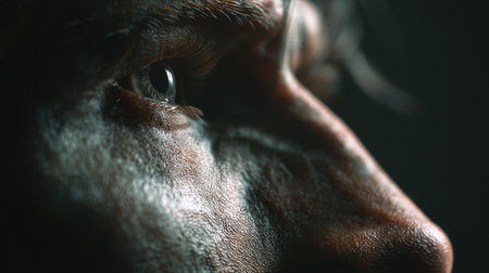 A mesmerizing close-up of a person's face emphasizing intricate textures and the deep gaze of the eye, set against a dramatic low light backdrop.の素材