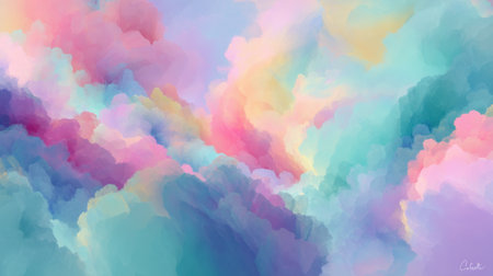 This captivating artwork features fluffy clouds in soft pastel shades, creating a soothing and ethereal atmosphere ideal for tranquil backgrounds and designs.の素材