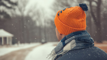 A person enjoys a snowy landscape while wearing an orange beanie and a colorful scarf. The tranquil atmosphere captures the essence of winter leisure in nature.の素材