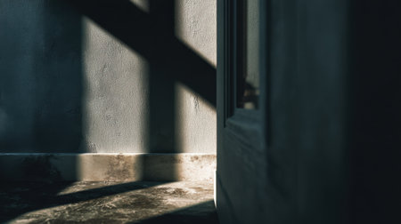 A captivating scene showcasing the interplay of shadows and light on a textured wall, offering a serene atmosphere in a minimalist interior space.の素材