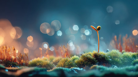 This stunning image captures a tiny seedling emerging from vibrant green moss, surrounded by a beautiful bokeh effect that highlights nature's tranquility and beauty.の素材