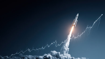 A dynamic scene of a rocket launching into the dark sky, surrounded by smoke and bright flames, symbolizes technological growth and ambition in exploration and innovation.の素材