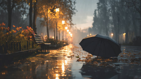 A tranquil scene capturing a rainy evening in a city park, showcasing an umbrella on wet pavement surrounded by colorful leaves and soft street lights.の素材
