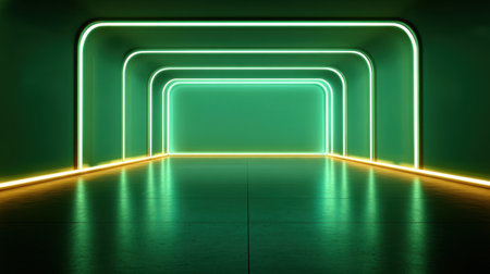 A captivating minimalistic interior featuring neon lights and glowing arches, offering a striking backdrop for artistic expression and modern design projects.の素材