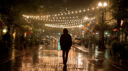 A person walks alone on a rainy city street at night, surrounded by glowing lights and reflections on the wet pavement, creating a serene urban atmosphere.の素材