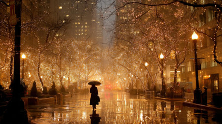 Captivating urban night scene featuring a person with an umbrella amidst illuminated trees and wet pavement, creating a dreamy and tranquil atmosphere.の素材
