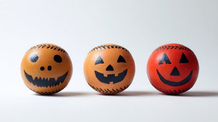 This delightful image showcases three uniquely designed Halloween pumpkin balls with playful expressions, perfect for festive decorations and autumn parties.の素材