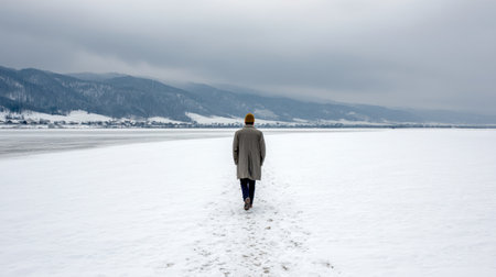 A serene image of a person walking alone across a snowy landscape, featuring mountains and an overcast sky. This scene captures the essence of winter solitude and reflection.の素材