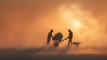 Two silhouettes of workers navigate a dusty landscape at sunrise, pushing wheelbarrows amidst a vibrant orange sky, capturing the essence of hard work and perseverance.の素材