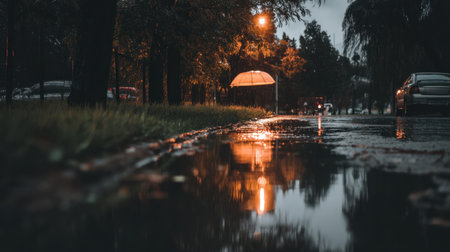 A serene urban scene capturing a rainy evening with an umbrella reflecting in a puddle. The soft glow of lights adds warmth to the tranquil atmosphere.の素材