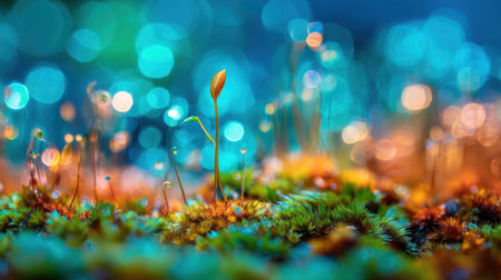 A stunning macro shot showcasing a vibrant green moss with a small sprout emerging, adorned by a beautiful bokeh background, perfect for nature enthusiasts.の素材