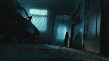 This evocative image captures a dark interior scene featuring an abandoned car and haunting shadows from open windows, creating a mysterious and atmospheric vibe.の素材