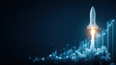 A stunning representation of a rocket launching, symbolizing technological growth and innovation, with data graphs forming the backdrop, conveying a sense of progress and excitement.の素材