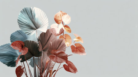 This stunning image captures a beautiful arrangement of colorful dried leaves against a minimalist background, showcasing natural textures and artistic charm.の素材