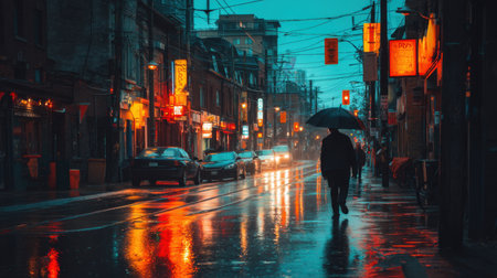 A captivating urban scene depicting a rainy night, where colorful street lights reflect on wet pavement, creating an atmospheric setting with a person holding an umbrella.の素材