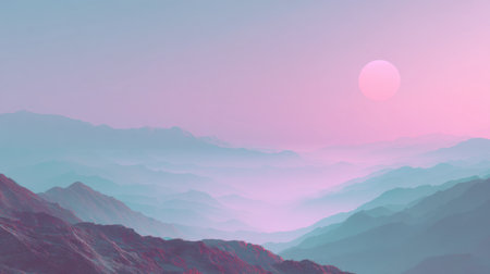 Experience the serenity of a breathtaking landscape featuring misty mountains illuminated by soft pink sunlight, creating a tranquil and calming atmosphere.の素材