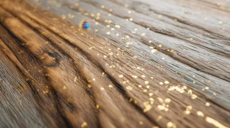This image showcases glitter particles scattered on a rustic wooden surface, creating a visually stunning background ideal for decorative designs and celebrations.の素材