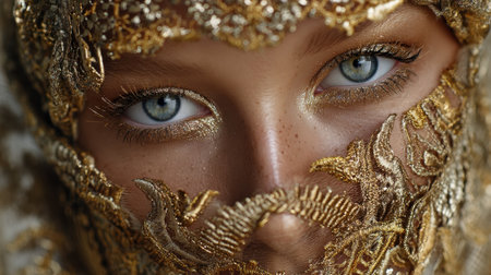 This captivating portrait showcases a young woman's striking blue eyes framed by an intricate gold veil, highlighting her beauty and cultural elegance through artistic makeup.の素材