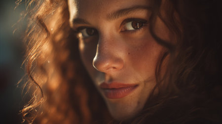 A stunning close-up portrait highlights a young woman with beautiful, curly hair. The soft lighting enhances her natural beauty and captivating gaze, showcasing emotion and serenity.の素材