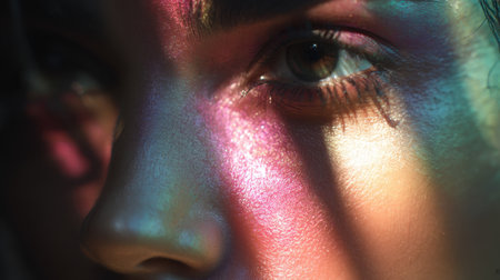 This close-up image captures the mesmerizing eyes of an individual, showcasing vibrant reflections and dramatic lighting that enhance the features beautifully.の素材